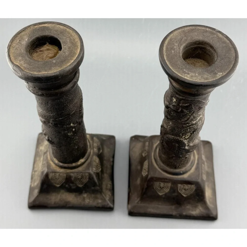 Vintage Nippon Dragonware Candlesticks Pair Brown Clay Moriage Hallmarked Japan